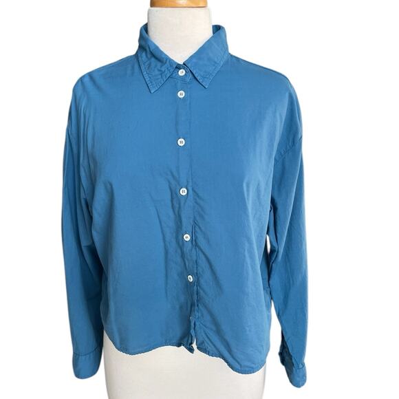 Xirena Dawson Shirt Top Blue Cropped Boxy Button Cotton Midweight Basic Small - Picture 1 of 9